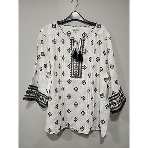 John Mark NWT 100% Linen Blouse Womens 2X Black/White Geometric Print 3/4 Sleeve